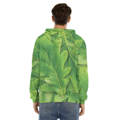 Green Oak Leaf Print Men's Velvet Pullover Hoodie