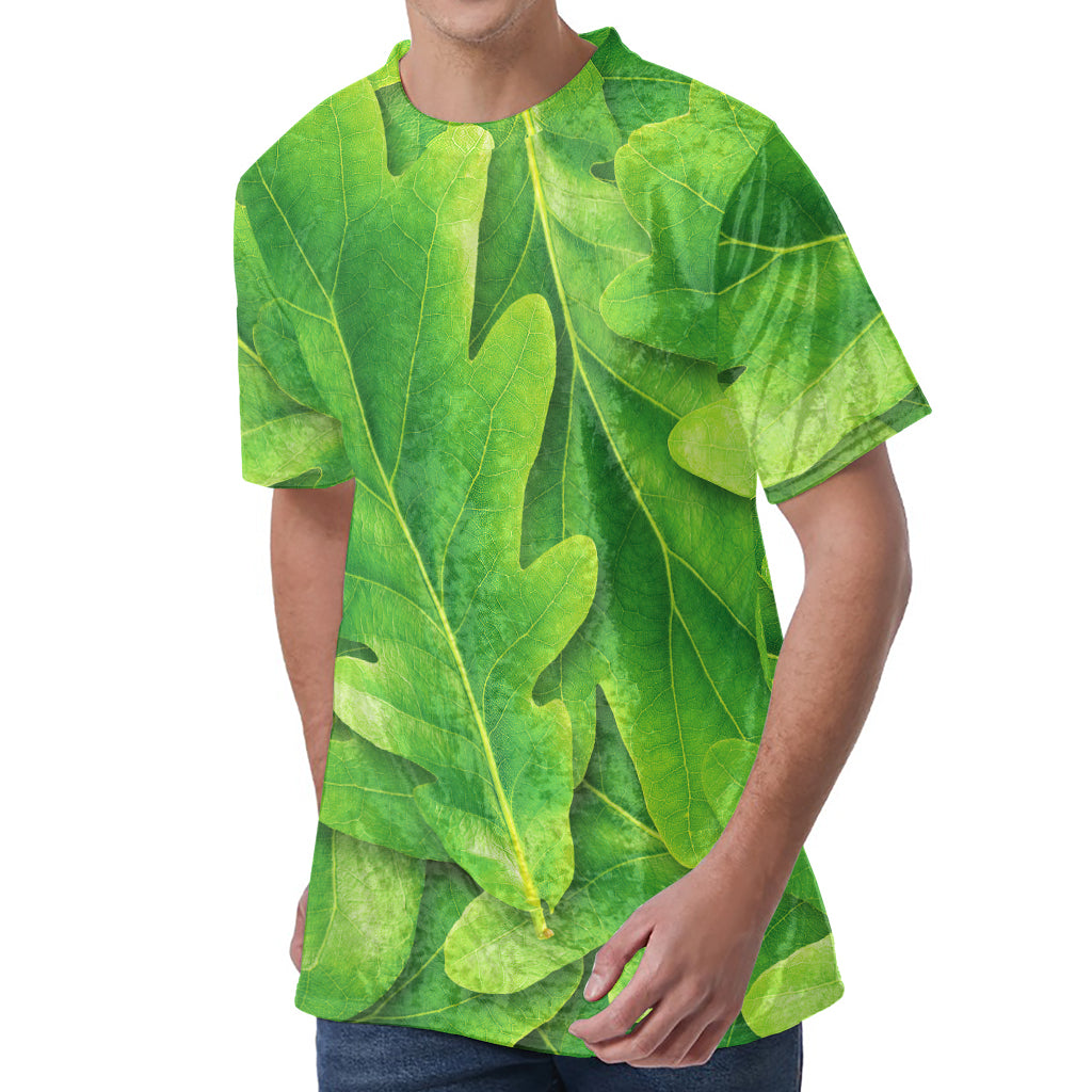 Green Oak Leaf Print Men's Velvet T-Shirt