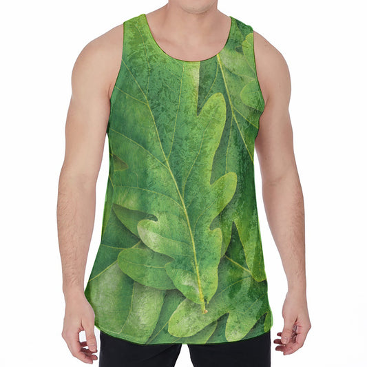 Green Oak Leaf Print Men's Velvet Tank Top