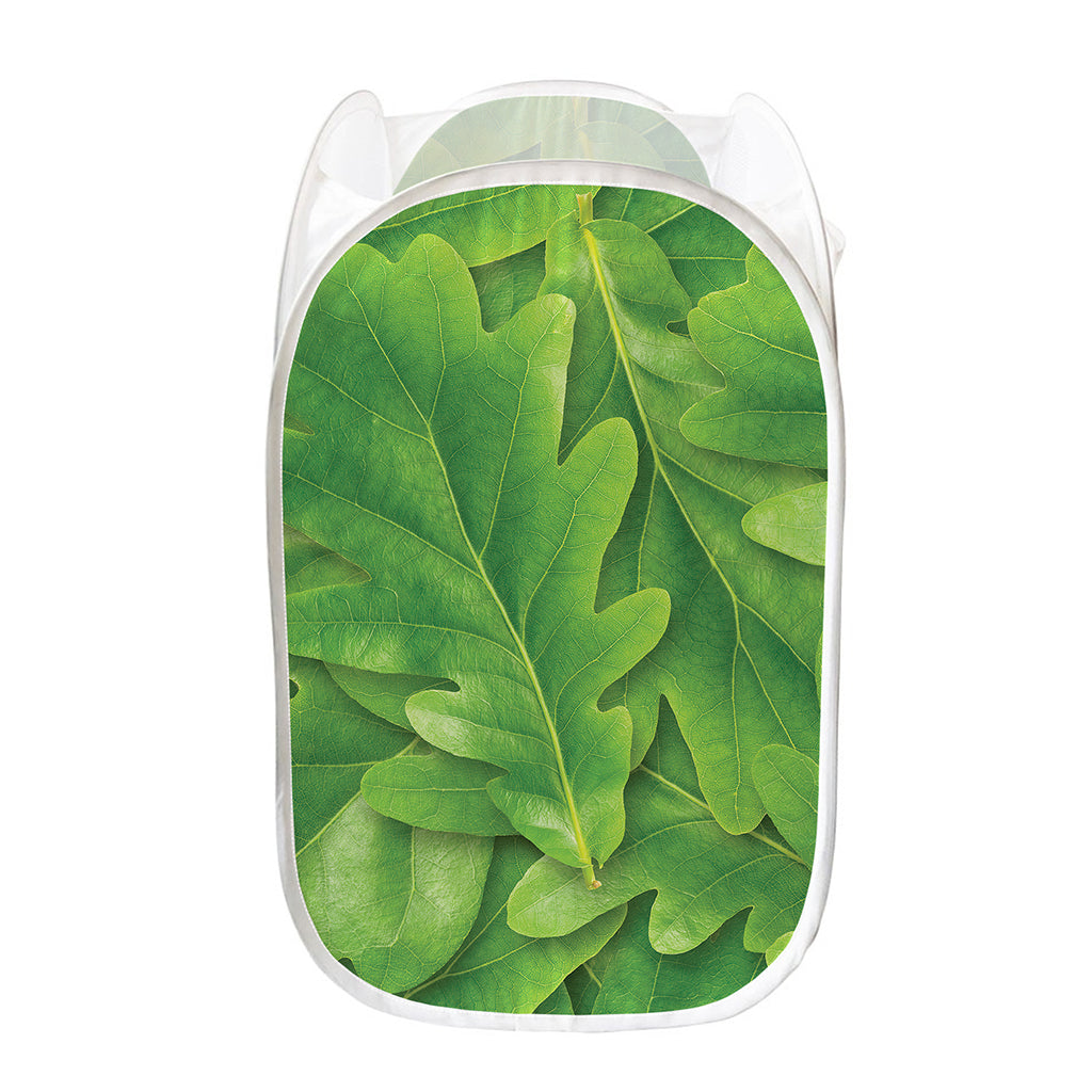 Green Oak Leaf Print Mesh Laundry Hamper