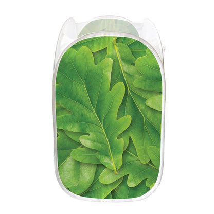 Green Oak Leaf Print Mesh Laundry Hamper
