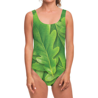 Green Oak Leaf Print One Piece Swimsuit