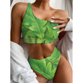 Green Oak Leaf Print One Shoulder Bikini Set