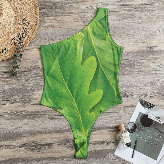 Green Oak Leaf Print One Shoulder Bodysuit