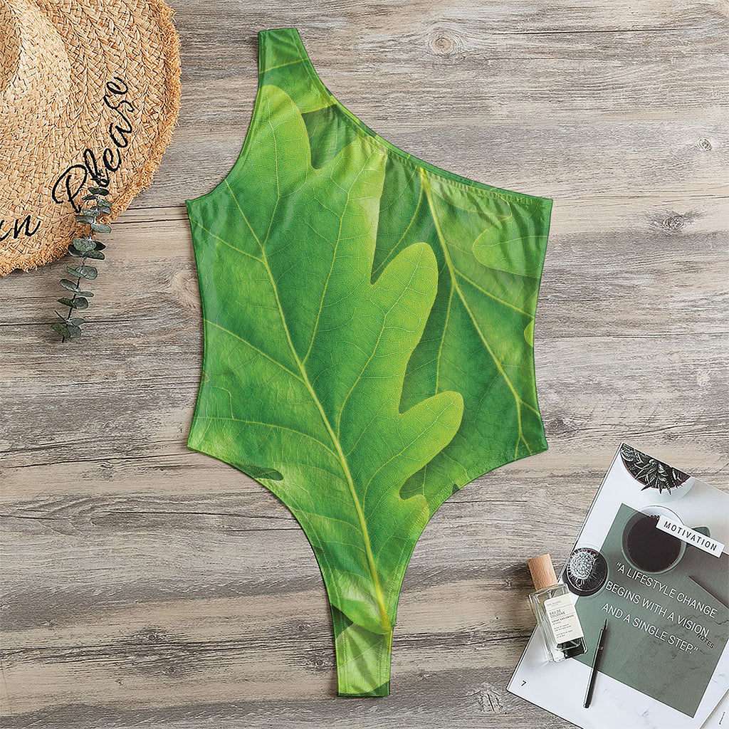 Green Oak Leaf Print One Shoulder Bodysuit