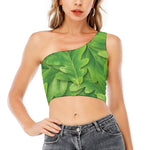 Green Oak Leaf Print One Shoulder Crop Top