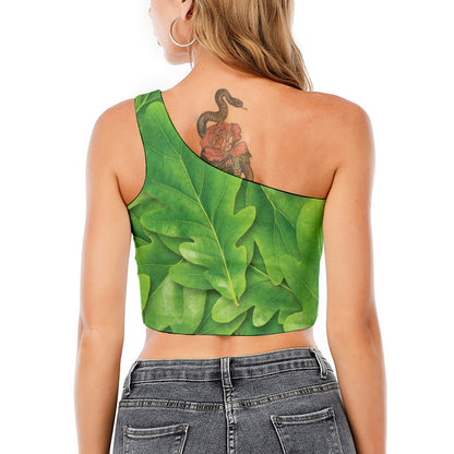 Green Oak Leaf Print One Shoulder Crop Top