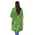 Green Oak Leaf Print Open Front Beach Cover Up