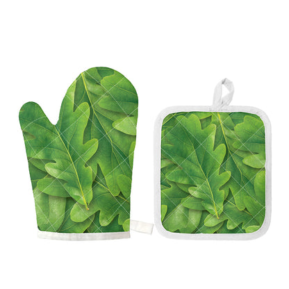 Green Oak Leaf Print Oven Mitt And Pot Holder Set