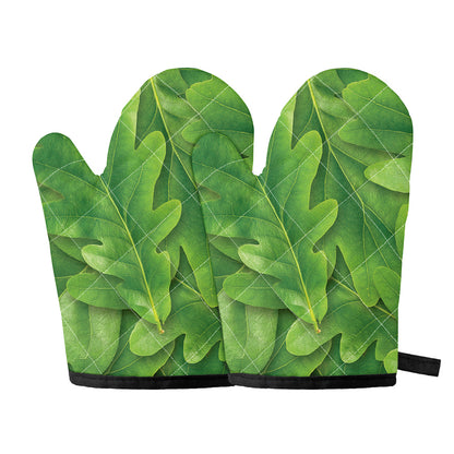Green Oak Leaf Print Oven Mitts