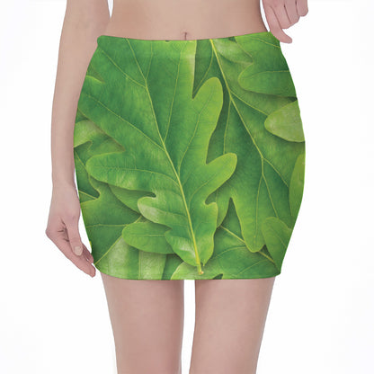 Green Oak Leaf Print Pencil Mini Skirt