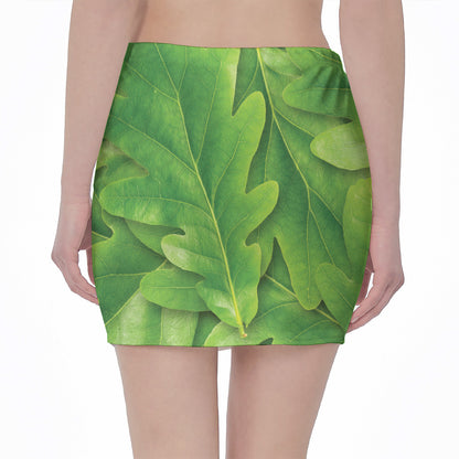 Green Oak Leaf Print Pencil Mini Skirt