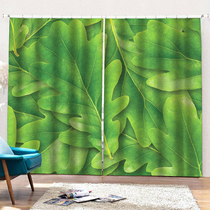 Green Oak Leaf Print Pencil Pleat Curtains