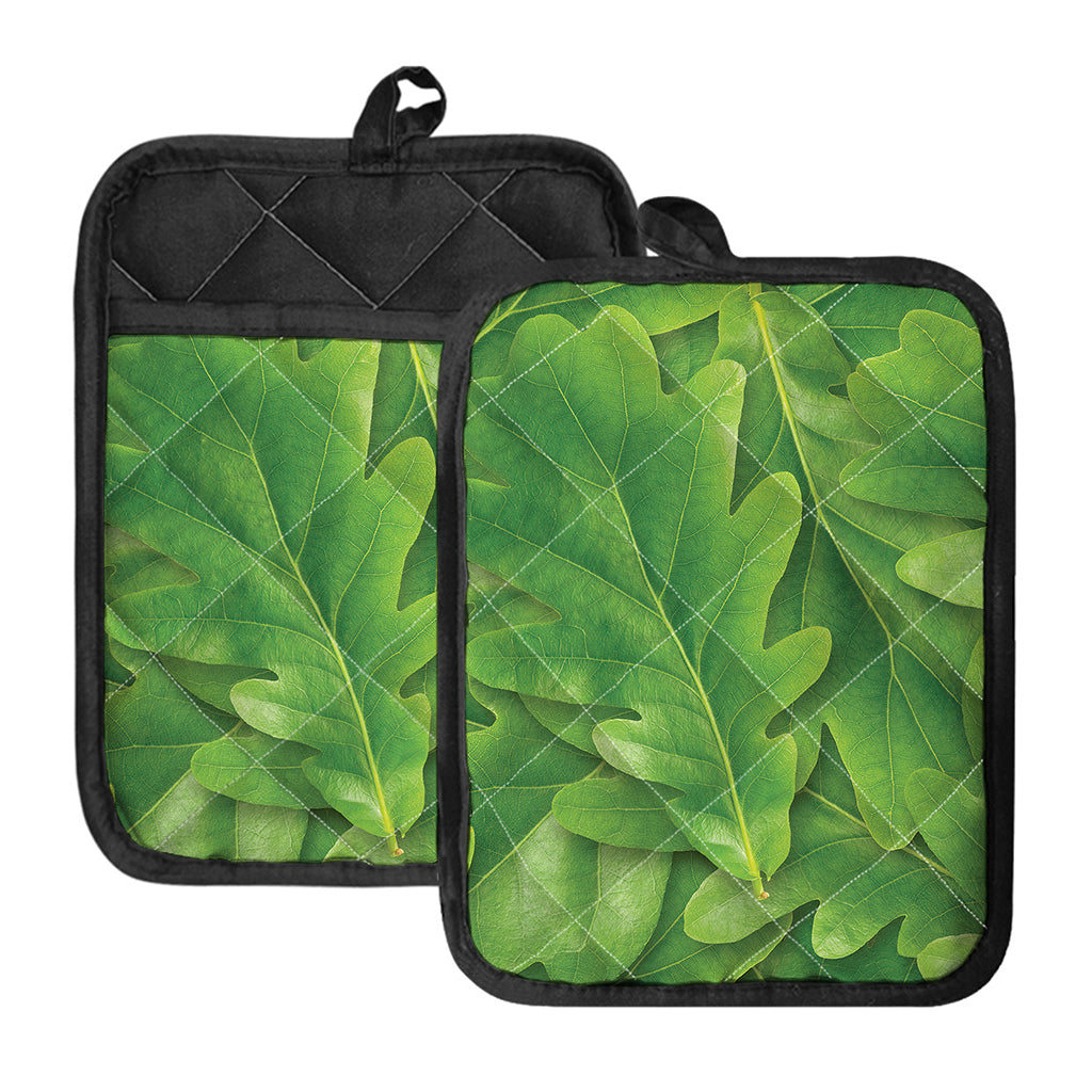 Green Oak Leaf Print Pot Holders With Pocket
