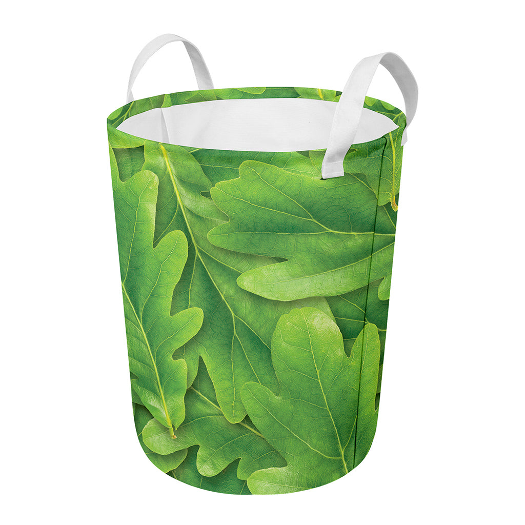 Green Oak Leaf Print Round Laundry Basket