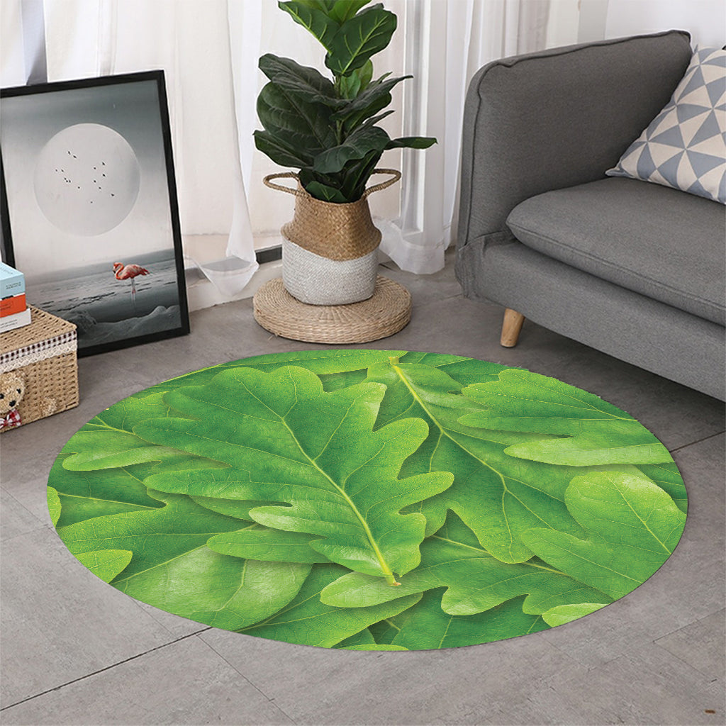 Green Oak Leaf Print Round Rug