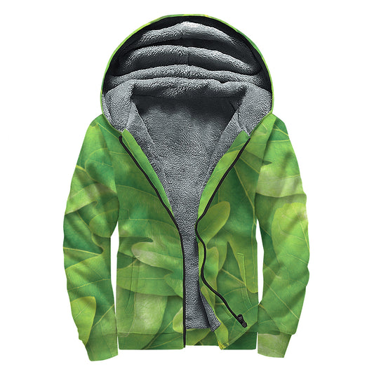 Green Oak Leaf Print Sherpa Lined Zip Up Hoodie