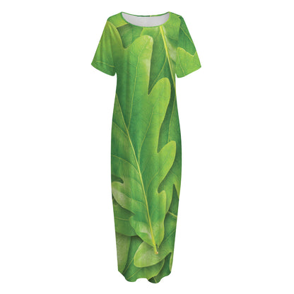 Green Oak Leaf Print Short Sleeve Long Nightdress