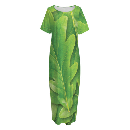 Green Oak Leaf Print Short Sleeve Long Nightdress
