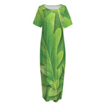 Green Oak Leaf Print Short Sleeve Long Nightdress