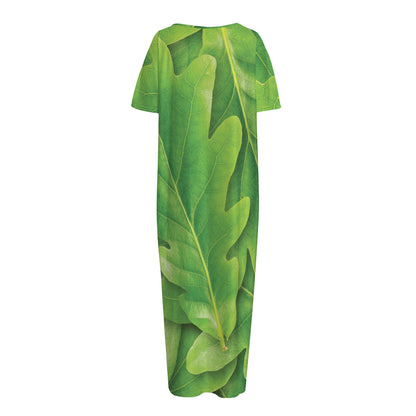 Green Oak Leaf Print Short Sleeve Long Nightdress