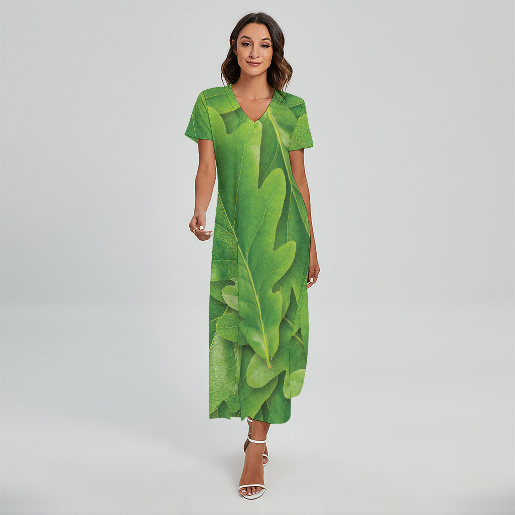 Green Oak Leaf Print Short Sleeve Maxi Dress