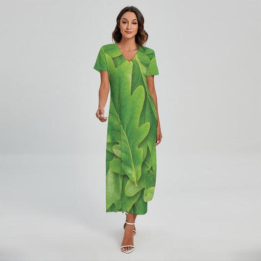 Green Oak Leaf Print Short Sleeve Maxi Dress