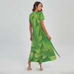 Green Oak Leaf Print Short Sleeve Maxi Dress