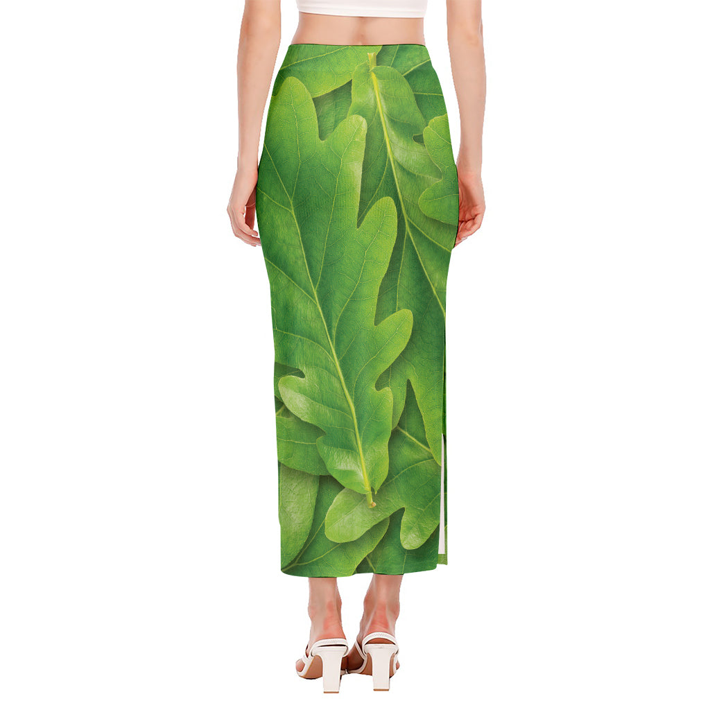 Green Oak Leaf Print Side Slit Maxi Skirt