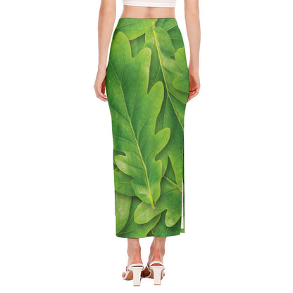 Green Oak Leaf Print Side Slit Maxi Skirt