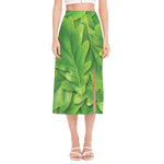 Green Oak Leaf Print Side Slit Midi Skirt