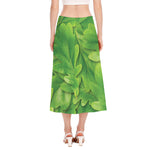 Green Oak Leaf Print Side Slit Midi Skirt