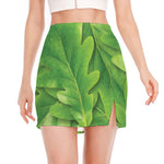 Green Oak Leaf Print Side Slit Mini Skirt