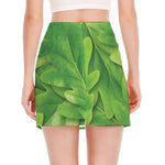 Green Oak Leaf Print Side Slit Mini Skirt