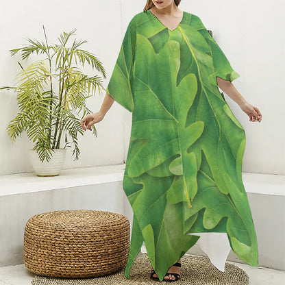 Green Oak Leaf Print Silk V-Neck Kaftan Dress