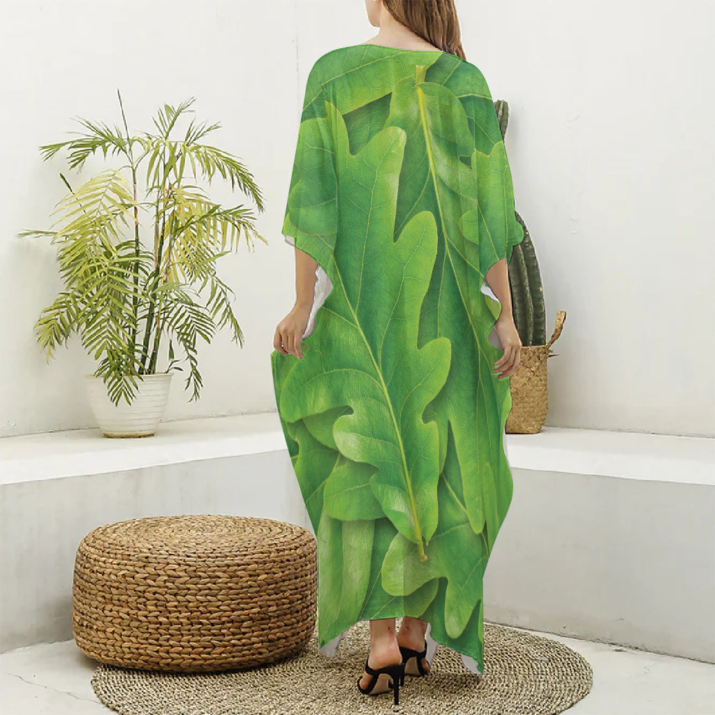 Green Oak Leaf Print Silk V-Neck Kaftan Dress