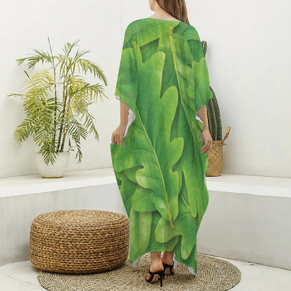 Green Oak Leaf Print Silk V-Neck Kaftan Dress