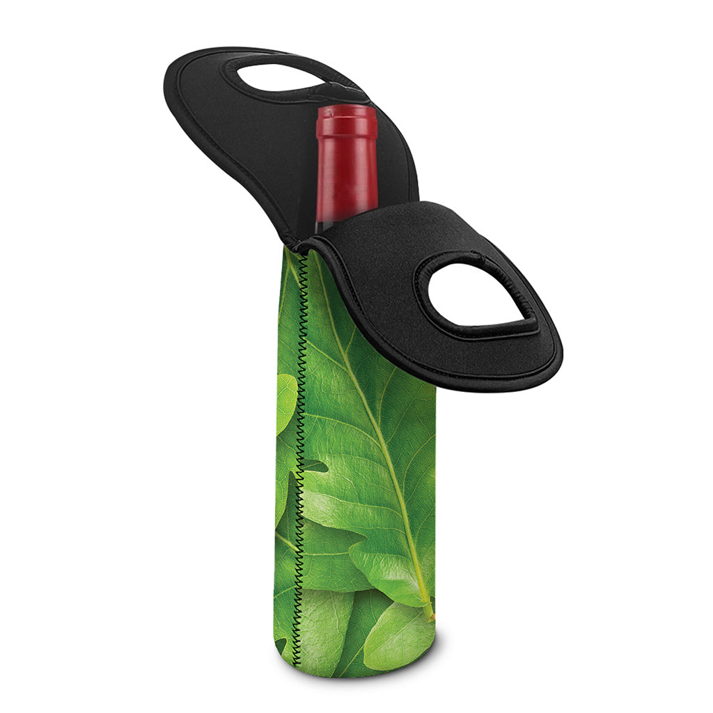 Green Oak Leaf Print Single Neoprene Wine Tote
