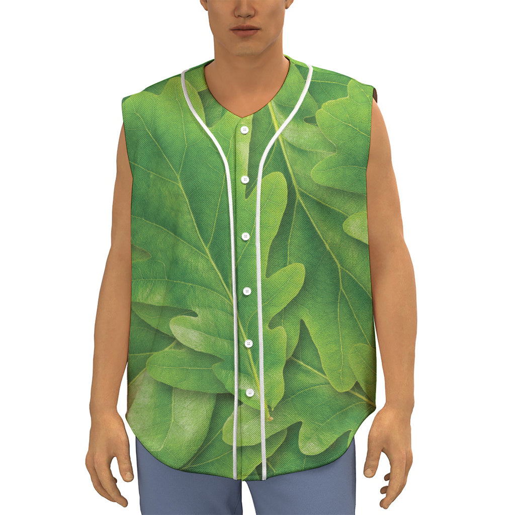 Green Oak Leaf Print Sleeveless Baseball Jersey