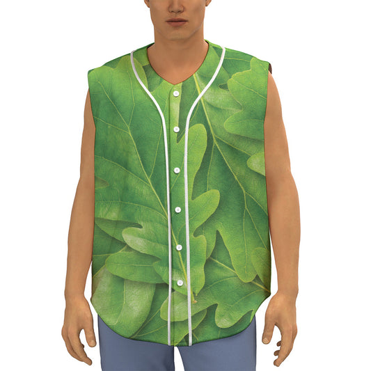 Green Oak Leaf Print Sleeveless Baseball Jersey