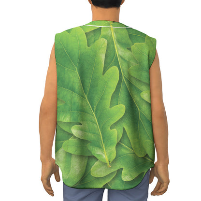 Green Oak Leaf Print Sleeveless Baseball Jersey
