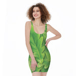 Green Oak Leaf Print Sleeveless Bodycon Dress