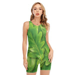 Green Oak Leaf Print Sleeveless One Piece Swimsuit