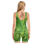 Green Oak Leaf Print Sleeveless One Piece Swimsuit