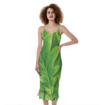 Green Oak Leaf Print Slim Fit Midi Cami Dress