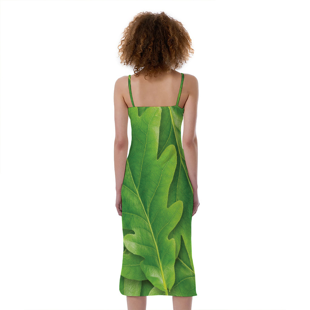 Green Oak Leaf Print Slim Fit Midi Cami Dress