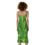 Green Oak Leaf Print Slim Fit Midi Cami Dress