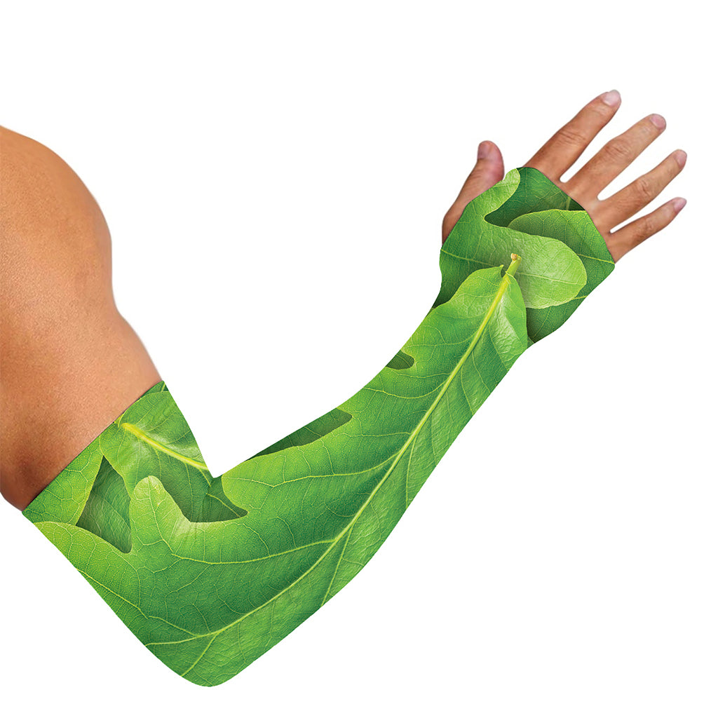 Green Oak Leaf Print Sun Protection Arm Sleeves