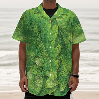Green Oak Leaf Print Textured Short Sleeve Shirt