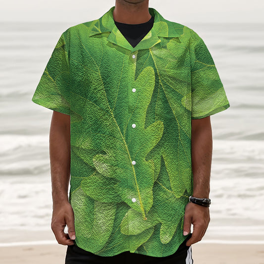 Green Oak Leaf Print Textured Short Sleeve Shirt
